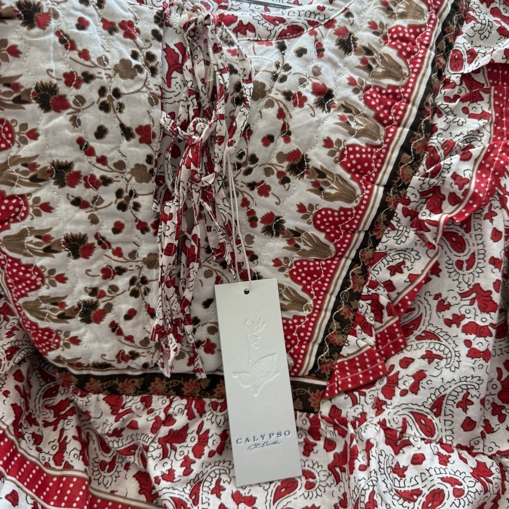 NWT Calypso St. Barth Red Puff Sleeve Quilted Boho Ruffle Top size Large - Picture 9 of 11